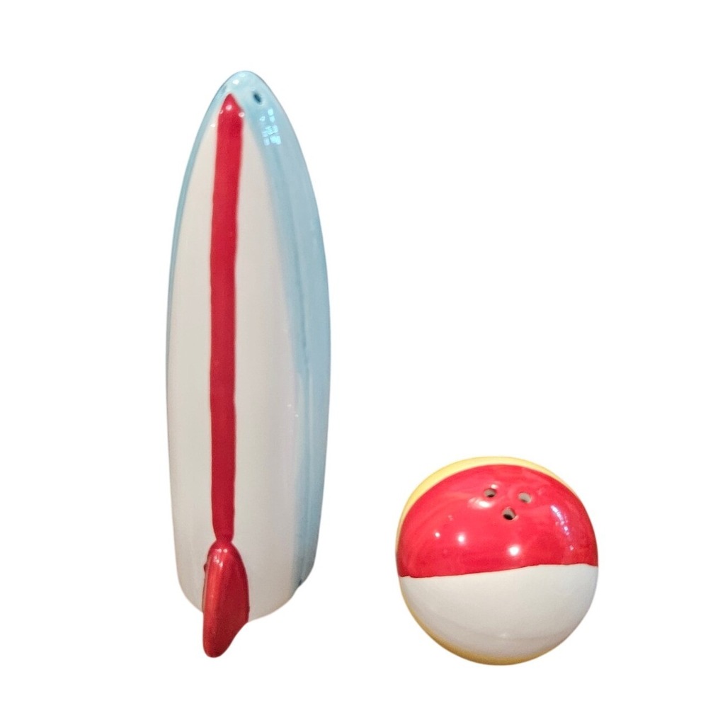 Vandor 1992 Vintage Surfboard and Beach Ball Ceramic Salt and Pepper Shakers Set